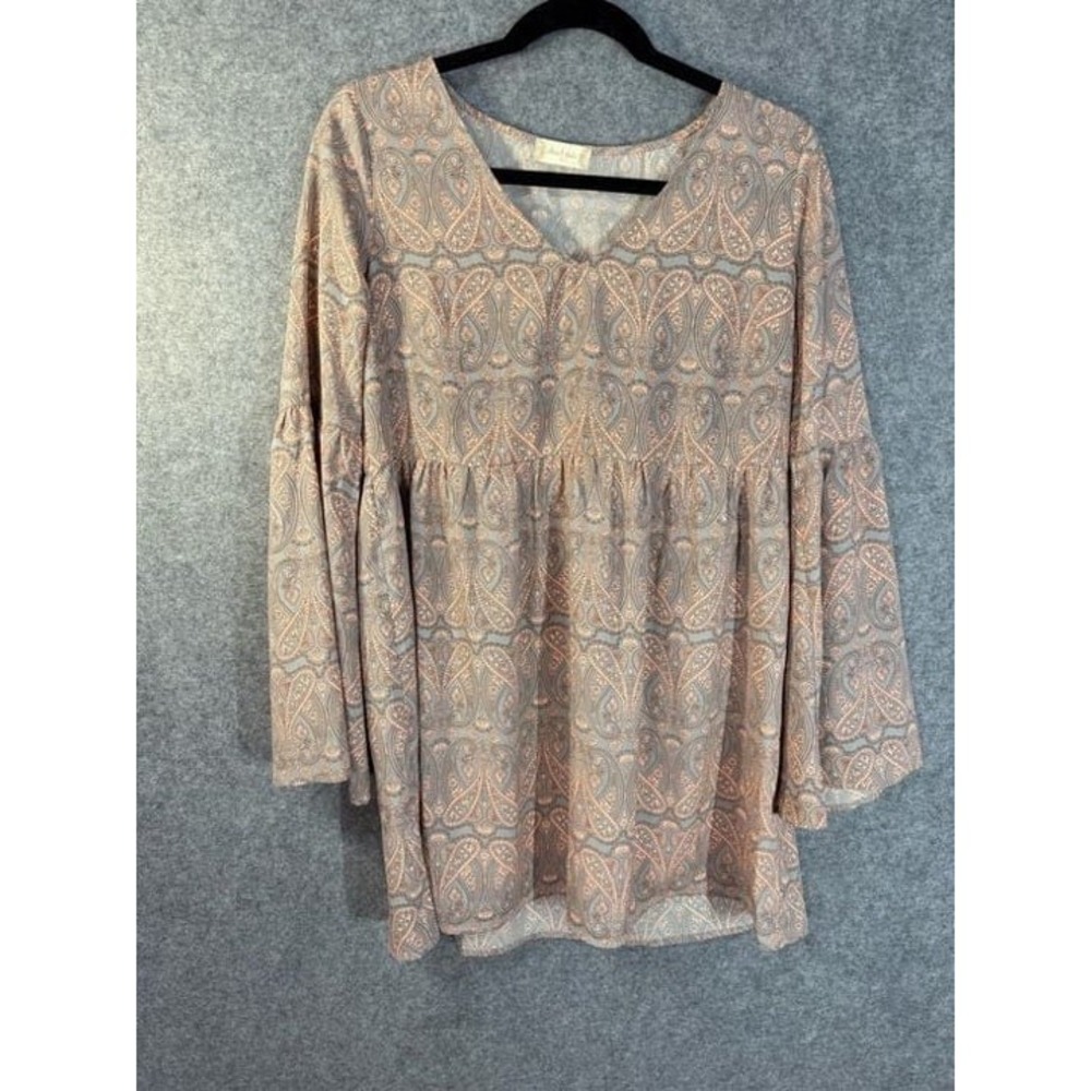 Altardi State Paisley Babydoll Tunic Top Pink Grey Bell Sleeve Aize Small